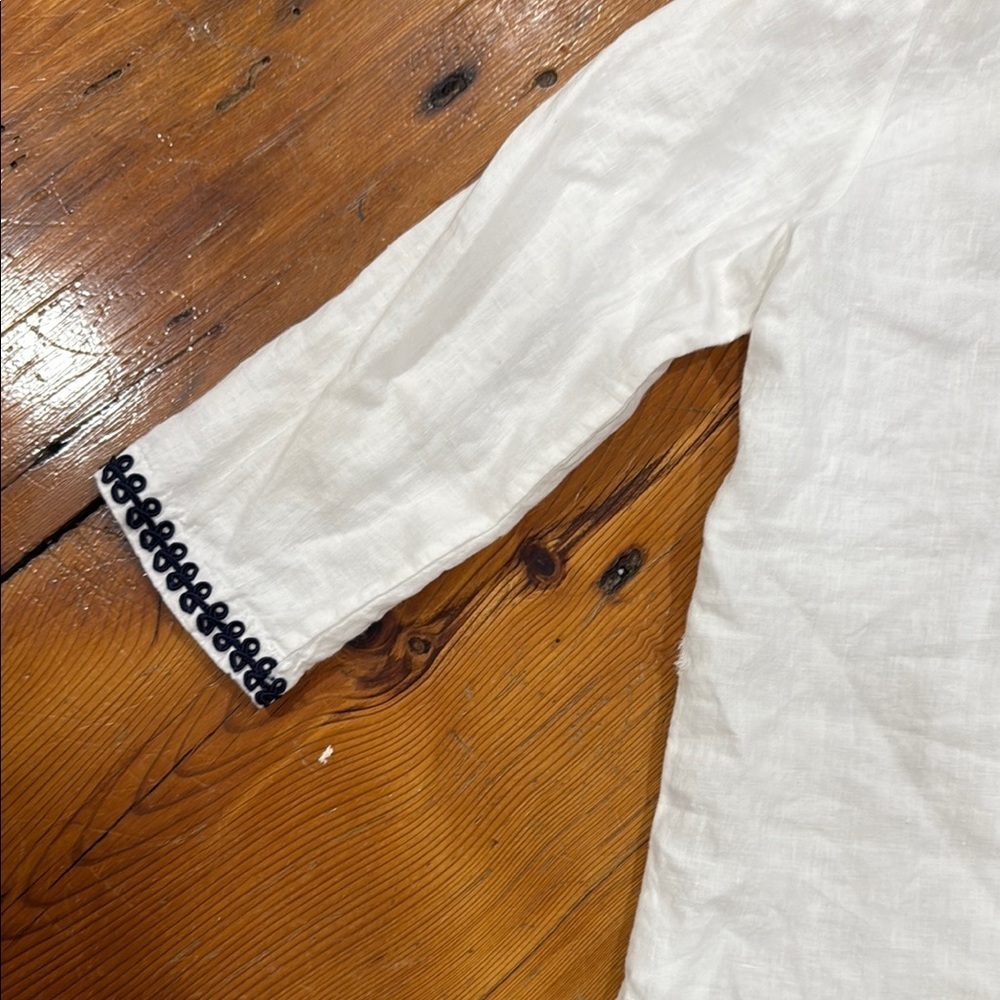 Symple NYC Tunic Embroidered Linen White and Navy Top size medium - Picture 12 of 13